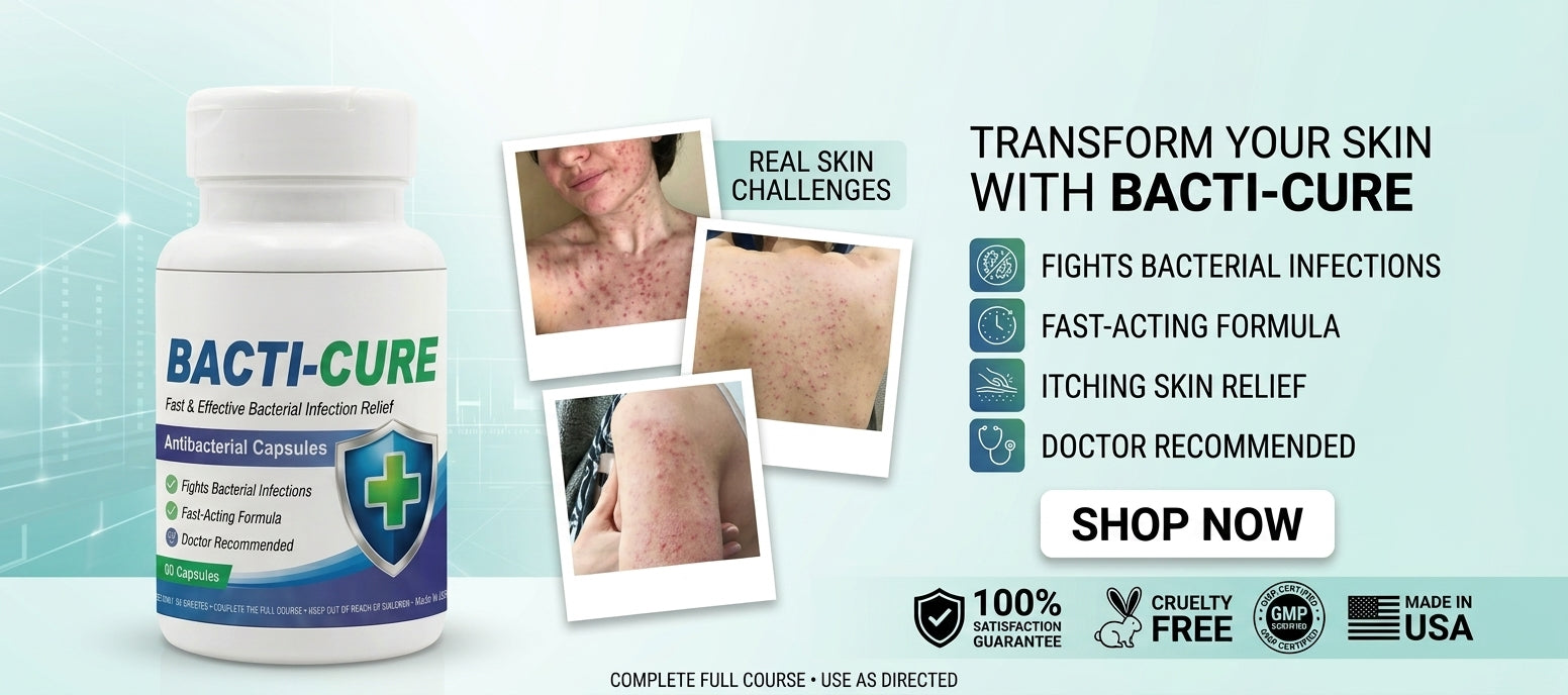 Bacti-Cure skin relief supplement bottle shown on a light blue promotional graphic with before-and-after skin photos, feature icons, and a 'Shop Now' call-to-action.