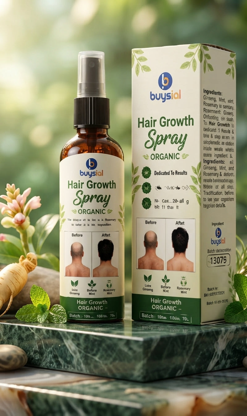 A bottle and box of buysial Hair Growth Spray Organic displayed on a green marble surface with herbal props like ginger root, mint leaves, and flowers against a soft-focus green background.