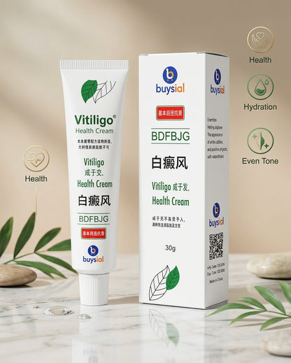 A tube and box of Vitiligo Health Cream by buysial, displayed on a marble surface with decorative leaves and stones against a warm beige background. The packaging is white with green leaf graphics and red text accents.