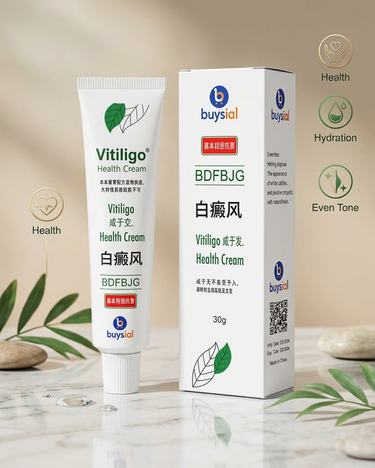 A tube and box of Vitiligo Health Cream by buysial, displayed on a marble surface with decorative leaves and stones against a warm beige background. The packaging is white with green leaf graphics and red text accents.